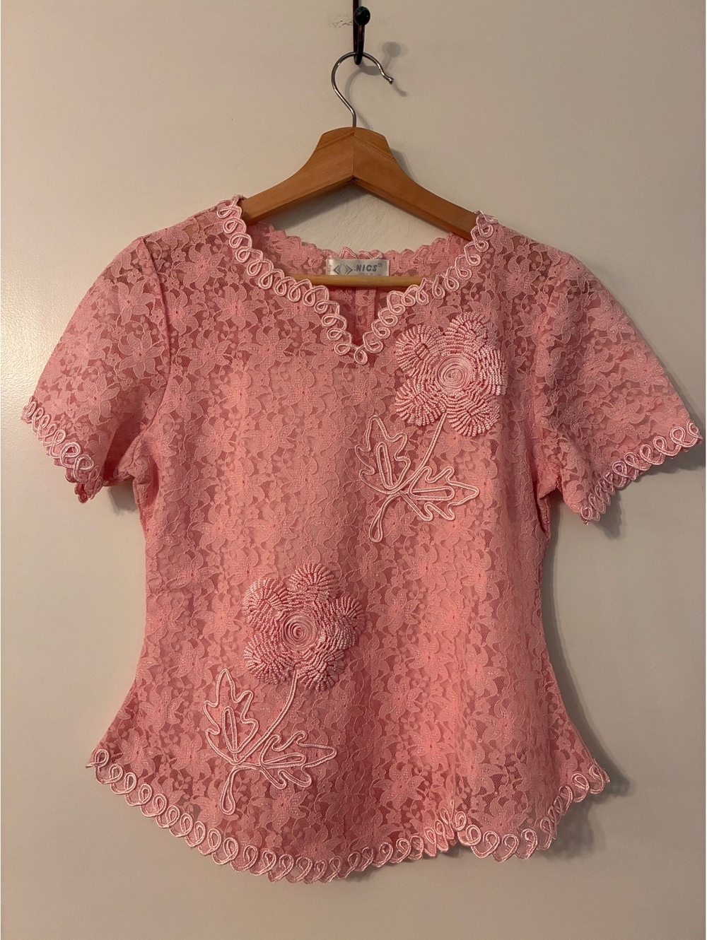 Vintage MICS Pink Lace Floral Applique Top Tagged XL Fits Small